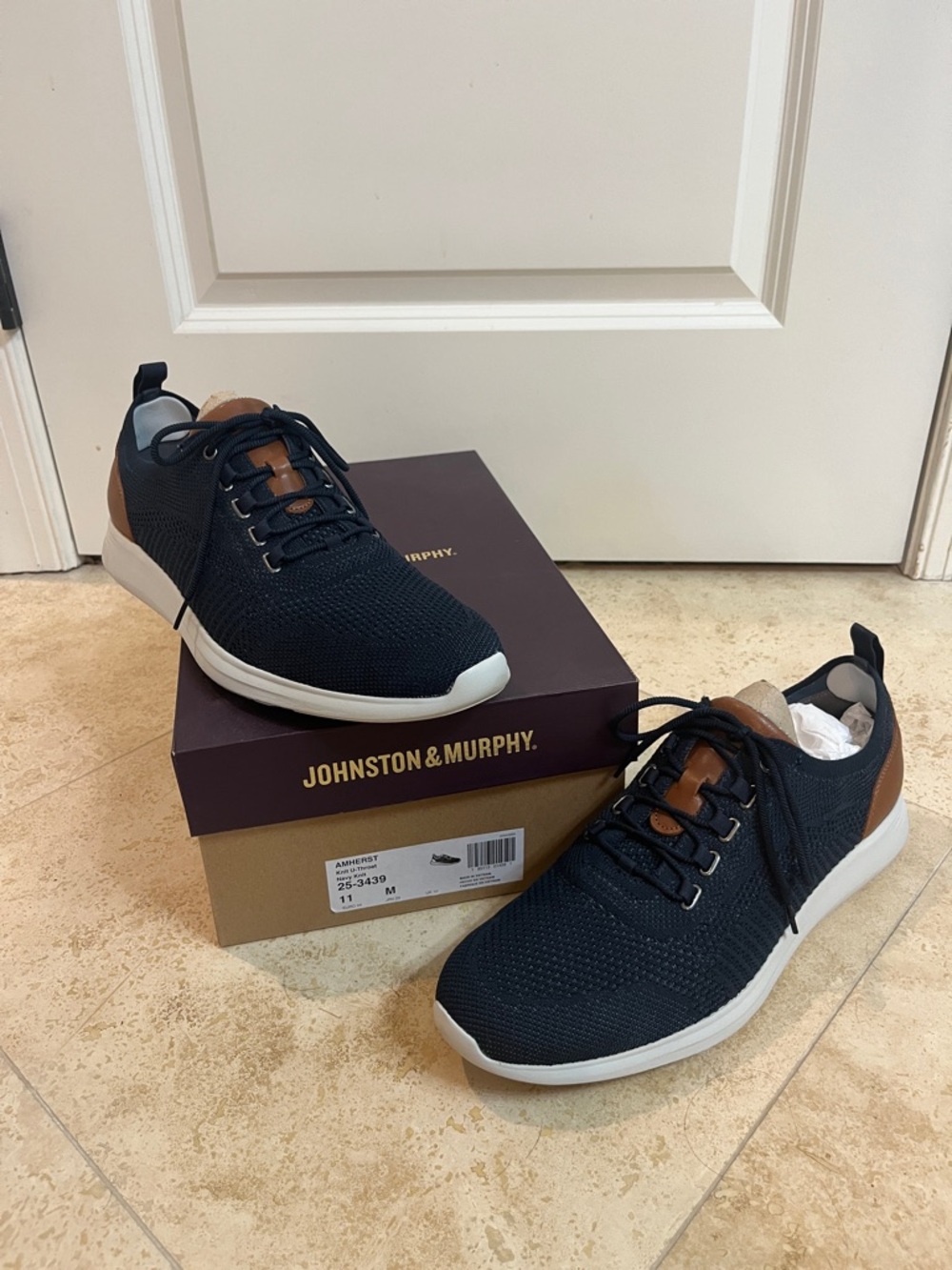 Johnston & Murphy Navy Knit Sneakers with Brown Leather Accents